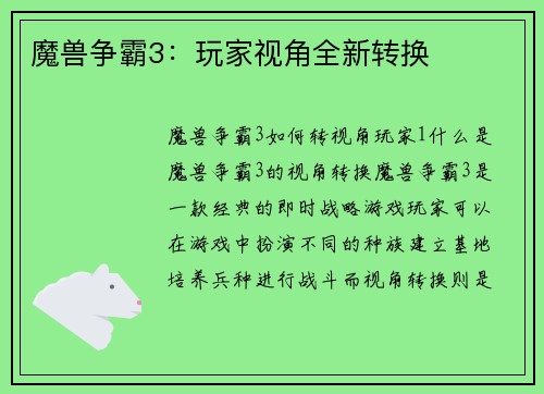 魔兽争霸3：玩家视角全新转换